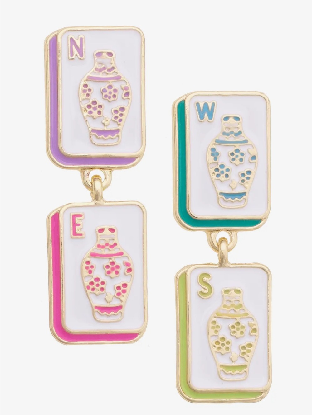 Mahjong Tile Earrings Four Winds Enamel Drop Pastel Gold Tone Statement NWT